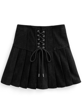 インパン裏地付きレースアッププリーツミニスカート