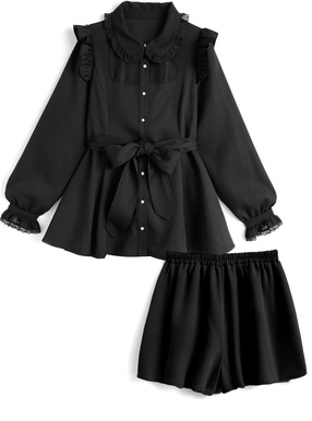 フリルリボンチュニック×ショートパンツセットアップ