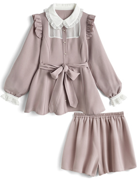 フリルリボンチュニック×ショートパンツセットアップ