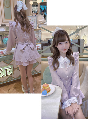 フリルリボンチュニック×ショートパンツセットアップ