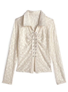 レースアップギャザーフラワーレーストップス