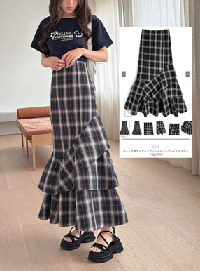 チェック柄ティアードアシンメトリーマーメイドスカート