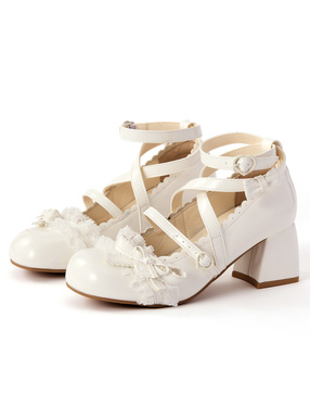 クロスストラップリボンレースパンプス