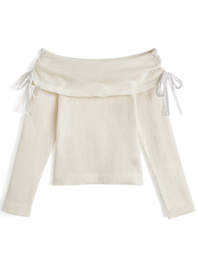 サイドレースリボンオフショルダーニットトップス