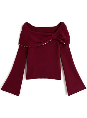 パールリボンオフショルダーニットトップス