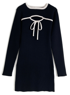 フロントオープン配色リボンニットミニワンピース