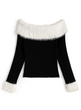 シャギーオフショルダーリブニットトップス