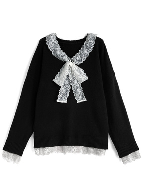 レースリボンVネックニットトップス