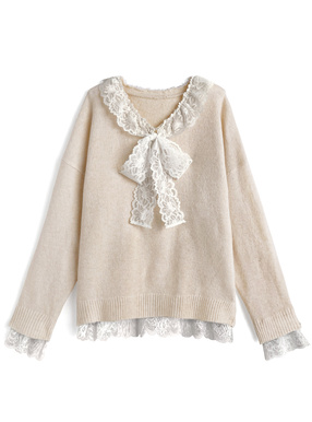 レースリボンVネックニットトップス