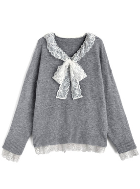 レースリボンVネックニットトップス