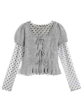 ドット柄シアートップス×リボンニットトップスアンサンブル