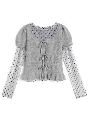 ドット柄シアートップス×リボンニットトップスアンサンブル