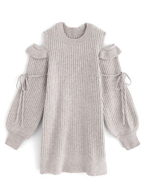 ショルダーオープンリボンニットミニワンピース