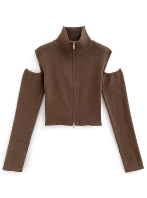 ショルダーオープンダブルジップリブニットトップス