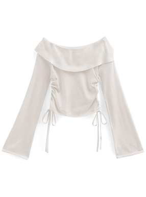 オフショルダーギャザーリボンニットトップス