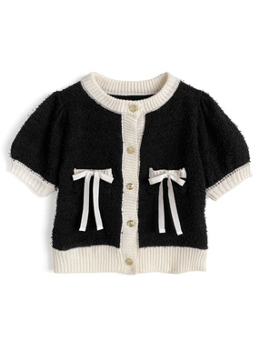 ダブルリボンショート丈ニットカーディガン