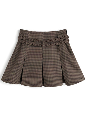 インパン裏地・ベルト付き千鳥柄プリーツミニスカート