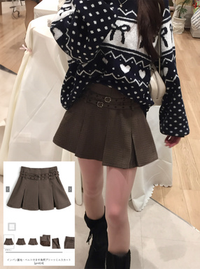 インパン裏地・ベルト付き千鳥柄プリーツミニスカート