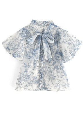 花柄シアーボウタイバルーンスリーブブラウス