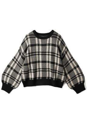 チェック柄ボリュームスリーブニットトップス