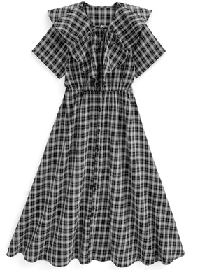 チェック柄ラッフルカラーリボンフレアワンピース