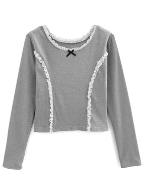 リボンレースショート丈テレコトップス