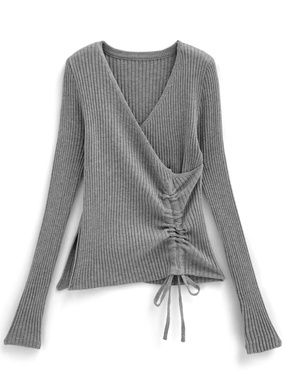 カシュクールドロストリボンリブニットトップス