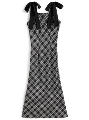 リボンショルダーチェック柄バイアスワンピース