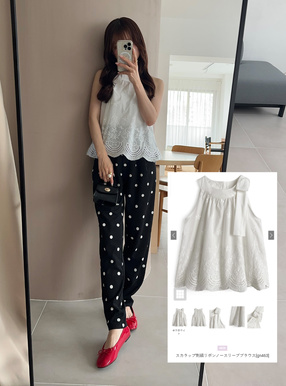 スカラップ刺繍リボンノースリーブブラウス