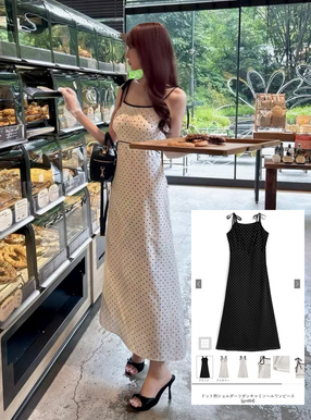 ドット柄ショルダーリボンキャミソールワンピース