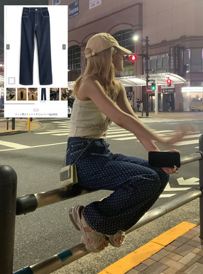ドット柄ストレートデニムパンツ