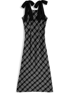 チェック柄ショルダーリボンワンピース