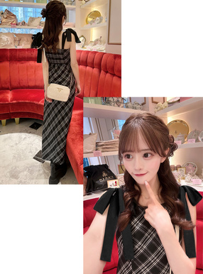 チェック柄ショルダーリボンワンピース