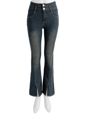 裾スリットストレッチデニムフレアパンツ