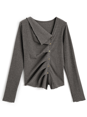 アシンメトリータックボタンリブトップス