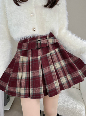 インパン裏地・ベルト付きチェック柄プリーツミニスカート