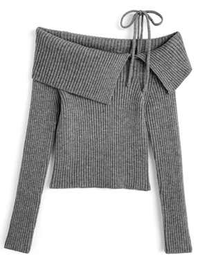 ワンショルダーリボンリブニットトップス