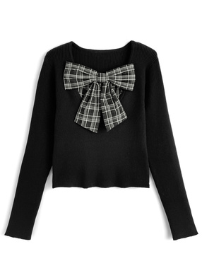 チェック柄リボンドッキングリブニットトップス