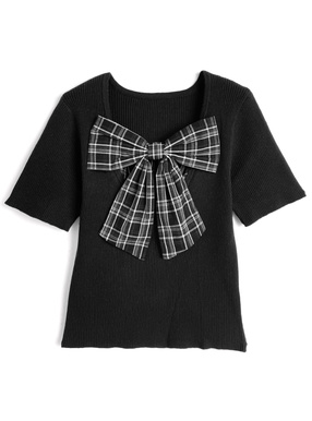チェック柄リボンドッキングリブニットトップス