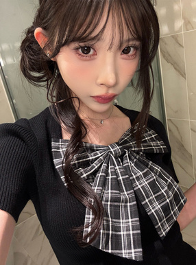 チェック柄リボンドッキングリブニットトップス