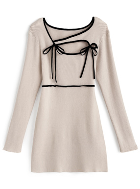 ダブルリボン配色パイピングリブニットミニワンピース