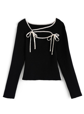 ダブルリボン配色パイピングリブニットトップス