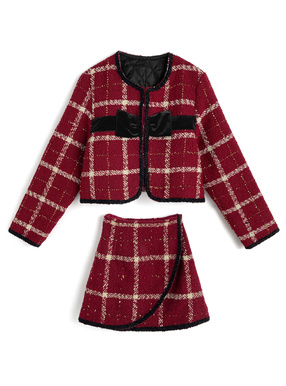 ツイードチェック柄リボンジャケット×ミニスカートセットアップ