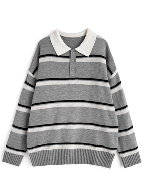 ボーダー柄ポロニットトップス