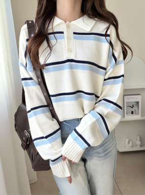 ボーダー柄ポロニットトップス