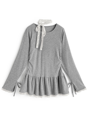 レースタイ付きリブチュニックトップス