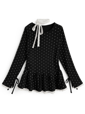 レースタイ付きリブチュニックトップス