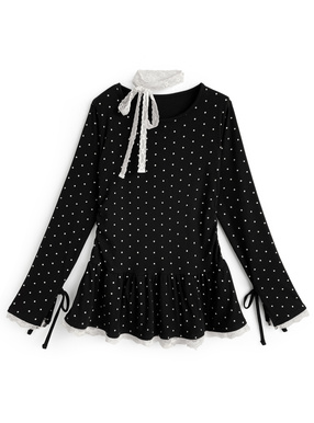 レースタイ付きリブチュニックトップス