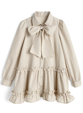 リボン付きストライプ柄フリルシャツミニワンピース