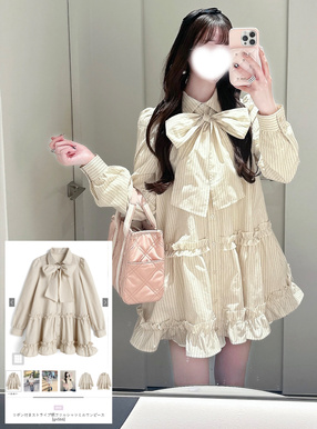 リボン付きストライプ柄フリルシャツミニワンピース